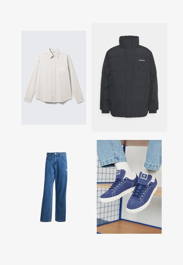 Chaqueta de plumas negra con cuello alto, cierre de cremallera frontal y puños elásticos. Cuenta con un bolsillo y un pequeño logo en el pecho. Superficie texturizada.; Camisa beis de manga larga con botones, cuello y bolsillo en el pecho que presenta un sutil bordado de "ATHLETIX DEPT".; Vaqueros de mezclilla anchos de talle alto en azul, con bolsillos frontales, presillas para cinturón, cierre de botón y pequeño logo de Adidas en el muslo derecho.; Zapatillas Adidas de color azul marino, hechas de ante, con suelas de goma blanca, punteras redondeadas y un parche con el logo en la lengüeta. Calcetines blancos brillantes visibles.
