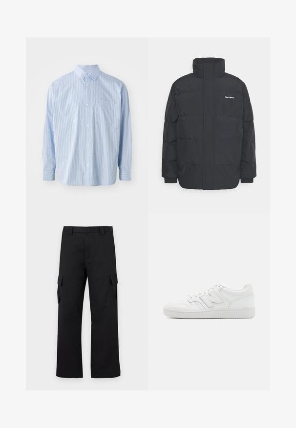 Schwarze Daunenjacke mit hohem Kragen, Reißverschluss vorne und elastischen Bündchen. Verfügt über eine Tasche und ein kleines Logo auf der Brust. Strukturiert Oberfläche.; Hellblaues langärmliges Hemd mit Knopfverschluss und vertikalen Streifen in dunklerem Blau und Rostfarbe. Es hat einen Kragen und eine Brusttasche. Aus Baumwollstoff.; Schwarze Cargo-Hosen mit geradem Bein Design. Hergestellt aus strapazierfähigem Stoff, mit zwei Seitentaschen mit Klappen und einem Knopfverschluss.; Weiße Sneaker aus glattem Leder, mit perforierter Zehenpartie, einer strukturierten Gummisohle, flachen Schnürsenkeln und einem auffälligen 'N'-Logo an der Seite.