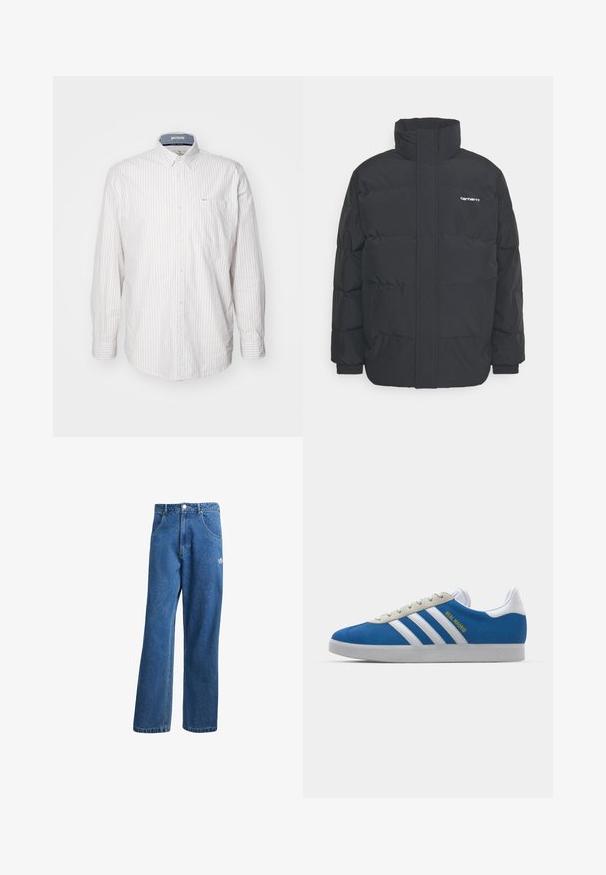 Čierna puffová bunda s vysokým golierom, zipom vpredu a elastickými manžetami. Obsahuje vrecko a malé logo na hrudi. Textúrovaný povrch.; Svetlý dlhý rukáv s tenkými vertikálnymi pruhmi. Obsahuje golier na gombíky a náprsné vrecko. Vyrobené z textúrovanej látky.; Modré riflové nohavice s vysokým pásom a širokým strihom, s prednými vreckami, pútkami na opasok, zapínaním na gombík a malým logom Adidas na pravej stehne.; adidas Originals ADIDAS GAZELLE SHOES - Halové kopačky - real madrid/bluebird/footwear white/crew yellow