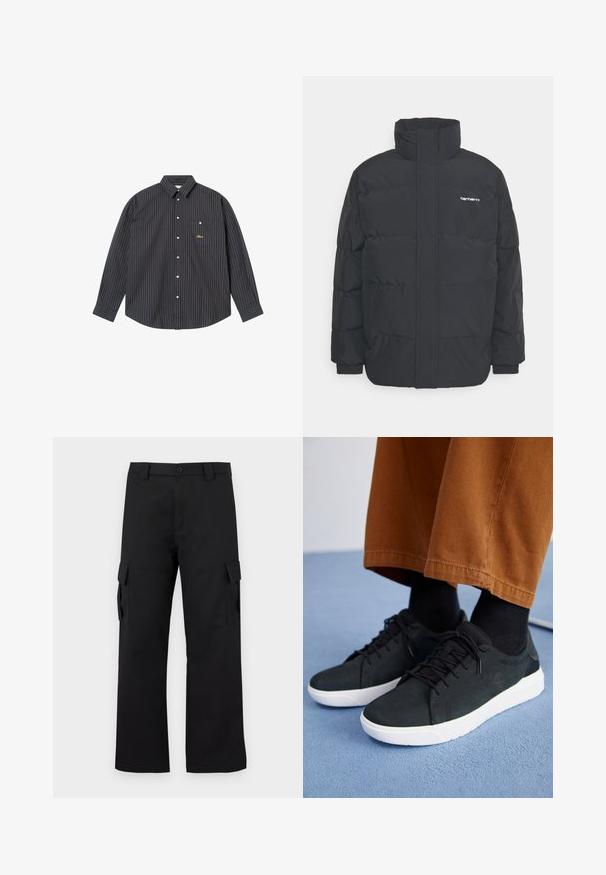 Melnā pūkainā jaka ar augstu apkakli, rāvējslēdzēja priekšpusi un elastīgām piedurknēm. Iespējama kabata un neliels logo uz krūtīm. Strukturēta virsma.; Tumši zila krekliņa ar garām piedurknēm dizains, kas rotāts ar smalkām vertikālām svītrām gaiši zilos un oranžos toņos, ar pogāmu apkakli, vienu krūšu kabatu un izšūtu logotipu.; Melni kargo bikses ar taisnu kāju dizainu. Izgatavotas no izturīga auduma, ar divām sānu kabatām ar atloki un pogu aizdari.; Melnas zamšādas kedas ar baltām gumijas zolēm, ar saistāmām auklām, tekstūrētām detaļām un diskrētu zīmolu, apvienotas ar brūniem biksēm.