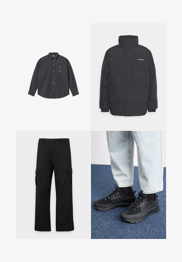 Black puffer jacket with a high collar, zip front, and elastic cuffs. Features a pocket and a small logo on the chest. Textured surface.; Navy blue long-sleeve shirt featuring thin vertical stripes in light blue and orange, a buttoned collar, single chest pocket, and embroidered logo.; Black cargo pants with a straight leg design. Made from durable fabric, featuring two side pockets with flap closures and a button fly.; Black athletic shoes with textured fabric and rubber soles, featuring elastic laces and a blue accent on the heel. Worn with light denim pants.
