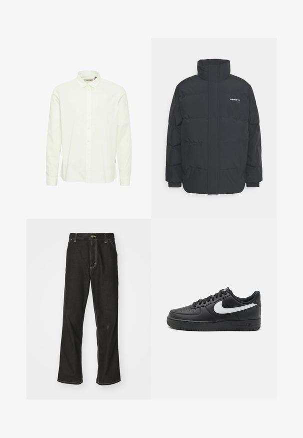 Jachetă puf black cu un guler înalt, închidere cu fermoar frontal și manșete elastice. Are un buzunar și un mic logo pe piept. Suprafață texturată.; Cămașă albă din bumbac, cu mânecă lungă, guler cu nasturi, placket frontal și manșete cu nasturi; prezintă un finisaj texturat subtil.; Jeans negri din denim, cu o croială largă, cu cusături albe contrastante, închidere cu nasture și un design cu picior drept.; Sneakers negri Nike Air Force 1 cu un superior din piele netedă, accent de logo alb, vârf perforat și talpă din cauciuc texturat.