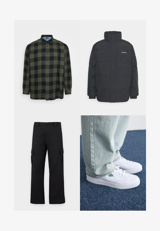 Doudoune noire avec un col montant, fermeture éclair à l'avant et poignets élastiques. Comprend une poche et un petit logo sur la poitrine. Surface texturée.; Chemise à carreaux verts et noirs avec des manches longues, un devant boutonné et un col classique. Fabriquée en tissu léger avec une texture lisse.; Pantalons cargo noirs avec une coupe droite. Fabriqués à partir d'un tissu durable, ils disposent de deux poches latérales avec fermetures à rabat et d'un zip à bouton.; Baskets en cuir blanc avec logo Nike vert, bout rond, semelle plate, associées à un pantalon en denim bleu clair, présentées sur un tapis bleu.