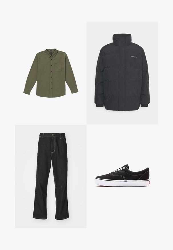 Black puffer jacket with a high collar, zip front, and elastic cuffs. Features a pocket and a small logo on the chest. Textured surface.; Men's button-up shirt in olive green. Made of soft fabric, featuring long sleeves, a chest pocket, and black buttons. Standard collar design.; Black denim jeans with a loose fit, featuring contrasting white stitching, a button closure, and a straight leg design.; Black canvas sneaker with white laces, contrasting white stitching, and a white rubber sole. Features a low-profile design and subtle branding.