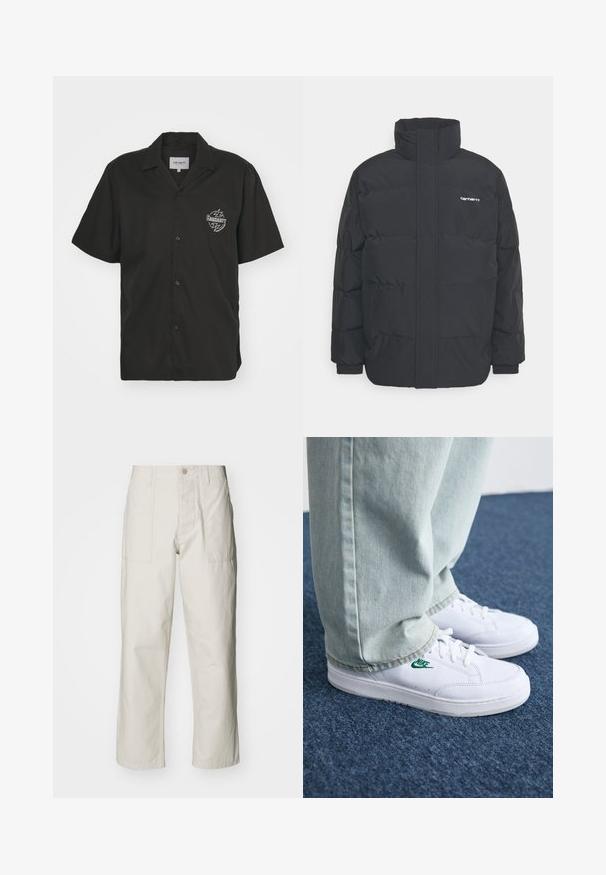 Giacca puffa nera con colletto alto, chiusura con zip frontale e polsini elastici. Presenta una tasca e un piccolo logo sul petto. Superficie testurizzata.; Camicetta nera a maniche corte con colletto ripiegato, caratterizzata da un logo grafico bianco sul lato sinistro del petto e una texture liscia.; Pantaloni a gamba larga beige chiaro in cotone. Presentano tasche frontali e chiusura con bottone. Tessuto liscio con sottili linee verticali.; Sneakers in pelle bianca con logo Nike verde, punta rotonda, suola piatta, abbinati a pantaloni in denim azzurro, mostrati su un tappeto blu.
