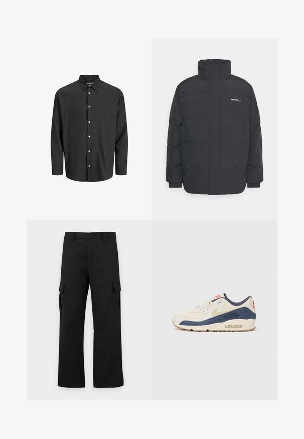 Černá zimní bunda s vysokým límcem, zipem vpředu a elastickými manžetami. Má kapsu a malé logo na hrudi. Texturovaný povrch.; Černá a šedá kostkovaná košile na knoflíky se standardním límcem, dlouhými rukávy a bílými knoflíky. Měkká tkanina s strukturovaným střihem.; Černé cargo kalhoty s rovnou nohavicí. Vyrobené z odolného materiálu, obsahují dvě boční kapsy se zapínáním na klopu a knoflíkový zip.; Tenisky s krémovým koženým svrškem a námořnickým semišem, s viditelnou vzduchovou podrážkou, béžovou gumovou podešví a červeným akcentem na patě.