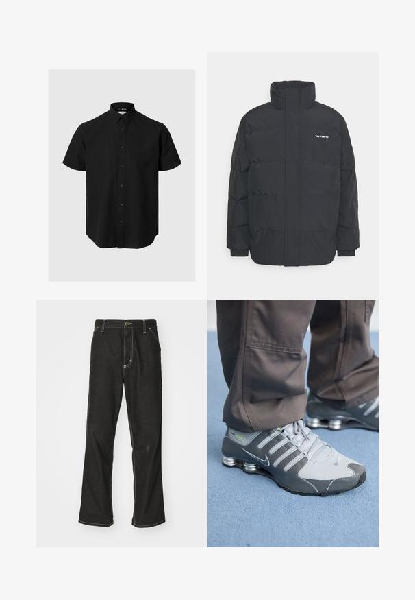 Juodas pūkinis švarkas su aukšta apykakle, užtrauktuku priekyje ir elastingomis rankovėmis. Yra kišenė ir mažas logotipas ant krūtinės. Tekstūruotas paviršius.; Juodas trumpas rankovėmis marškinys su mygtukais, pagamintas iš lino, su klasikiniu apykakle, priekiniais mygtukais ir tiesia apačia. Lygus paviršius.; Juodi džinsai su laisvu siluetu, turintys kontrastingas balto siūlo siūles, mygtuko uždarymą ir tiesų kojos dizainą.; Pilki ir sidabriniai Nike Shox sportiniai bateliai pasižymi elegantišku dizainu, pagaminti iš tinklinės ir sintetinės medžiagos, turi apvalų pirštą ir paminkštintą apykaklę.