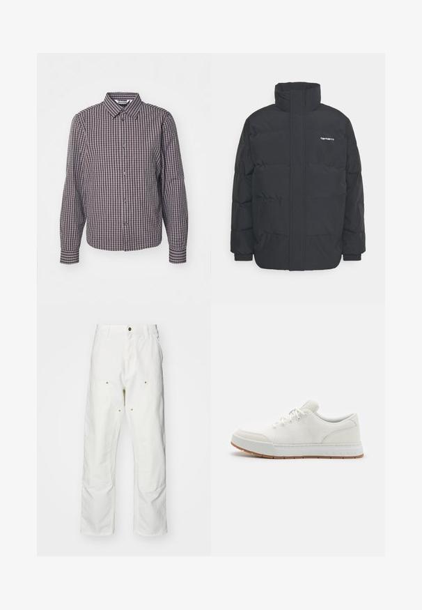 Čierna puffová bunda s vysokým golierom, zipom vpredu a elastickými manžetami. Obsahuje vrecko a malé logo na hrudi. Textúrovaný povrch.; Košeľa s dlhými rukávmi, vertikálny a horizontálny námornícky a bordový károvaný vzor, s golierom a dvoma prednými gombíkmi.; Biele bavlnené cargo nohavice s voľným strihom. Medzi vlastnosti patrí predné vrecká, zlaté detaily a zosilnené kolenné časti.; Biele športové topánky s režným zvrškom, okrúhlou špičkou a gumovou podrážkou s textúrovaným vzorom. Obsahujú ploché šnúrky a jemné logo na päte.