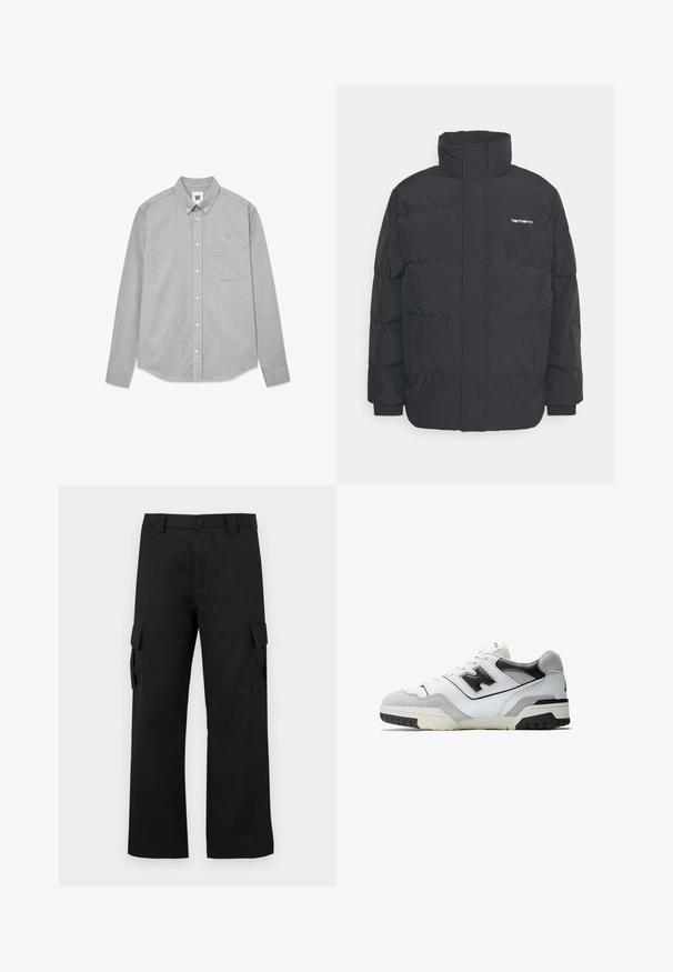 Giacca puffa nera con colletto alto, chiusura con zip frontale e polsini elastici. Presenta una tasca e un piccolo logo sul petto. Superficie testurizzata.; Camicia grigia a maniche lunghe con bottoni, dotata di tasca, colletto e logo ricamato sul petto. Realizzata in un tessuto testurizzato.; Pantaloni cargo neri con design a gamba dritta. Realizzati in tessuto resistente, dotati di due tasche laterali con chiusura a pattina e chiusura con bottone.; Sneaker bianca con accenti in suede grigio, dettagli neri e suola in gomma. Presenta un design a basso profilo, chiusura con lacci e logo distintivo.