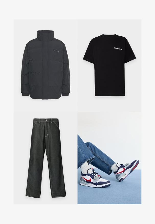Mustam varrukas jope kõrge kaelusega, vipptõmblusega ja elastsete mansettidega. Omaduseks on tasku ja väike logo rinnal. Tekstuuritud pind.; Mustast puuvillast lühikeste varrukatega t-särk, ümara kaelusega ja valge "Carhartt" logoga vasakul rinnal. Sile tekstuur, minimalistlik disain.; Tumedast teksast laiade säärtega püksid valge õmblusega, tavapärase viiepistetise disainiga, metallist nööbiga kinnitusega ja sirgete äätega.; Nike tossud, millel on valge ja tumesinine pealmine osa, punased aktsendid, hallid mustrilised osad ja jäme valge tallaga, kombineeritud siniste teksade ja valgete sokkidega.