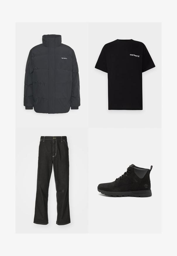 Juodas pūkinis švarkas su aukšta apykakle, užtrauktuku priekyje ir elastingomis rankovėmis. Yra kišenė ir mažas logotipas ant krūtinės. Tekstūruotas paviršius.; Juoda medvilninė marškinėliai su trumpomis rankovėmis, apvalia apykakle ir baltu „Carhartt“ logotipu ant kairės krūtinės. Lygus paviršius, minimalistinis dizainas.; Juodi džinsai su laisvu siluetu, turintys kontrastingas balto siūlo siūles, mygtuko uždarymą ir tiesų kojos dizainą.; Juodos viršutinės aulinukai pagaminti iš zomšos ir sintetinių medžiagų, turintys tekstūruotą paviršių, raištelių dizainą ir guminį pado su grippa.