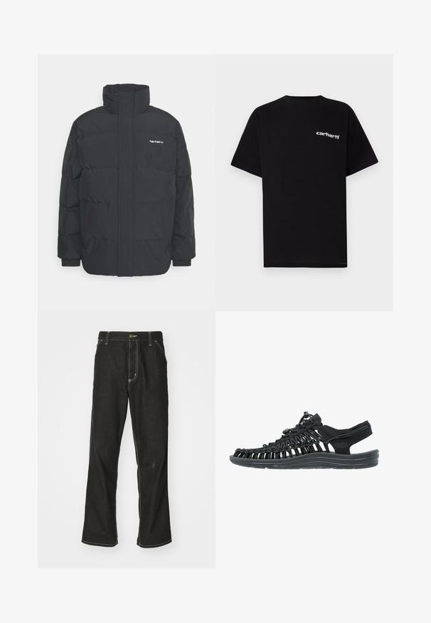Crna puffer jakna s visokim ovratnikom, prednjim zatvaračem i elastičnim manžetama. Ima džep i mali logo na prsima. Teksturalna površina.; Crna pamučna majica kratkih rukava, s okruglim izrezom i bijelim logotipom "Carhartt" na lijevoj strani prsa. Glatka tekstura, minimalistički dizajn.; Crne traperice s opuštenim krojem, s kontrastnim bijelim šavovima, zakovicom za zatvaranje i ravnim nogavicama.; Crna sandala s gornjim dijelom od tkanine isprepletene tkanjem, podesivim vezicama, jastučićem na potplatu i oblikovanim uloškom za udobnost.