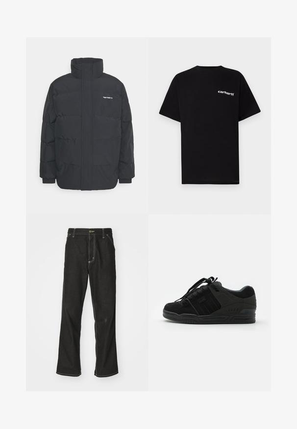 Jachetă puf black cu un guler înalt, închidere cu fermoar frontal și manșete elastice. Are un buzunar și un mic logo pe piept. Suprafață texturată.; Tricou negru din bumbac cu mâneci scurte, decolteu rotund și logo-ul alb "Carhartt" pe pieptul stâng. Textură netedă, design minimalist.; Jeans negri din denim, cu o croială largă, cu cusături albe contrastante, închidere cu nasture și un design cu picior drept.; Tenisori negri cu uppers din piele întoarsă și textil, având accente texturate, guler căptușit, șireturi și o talpă din cauciuc cu detaliu logo.