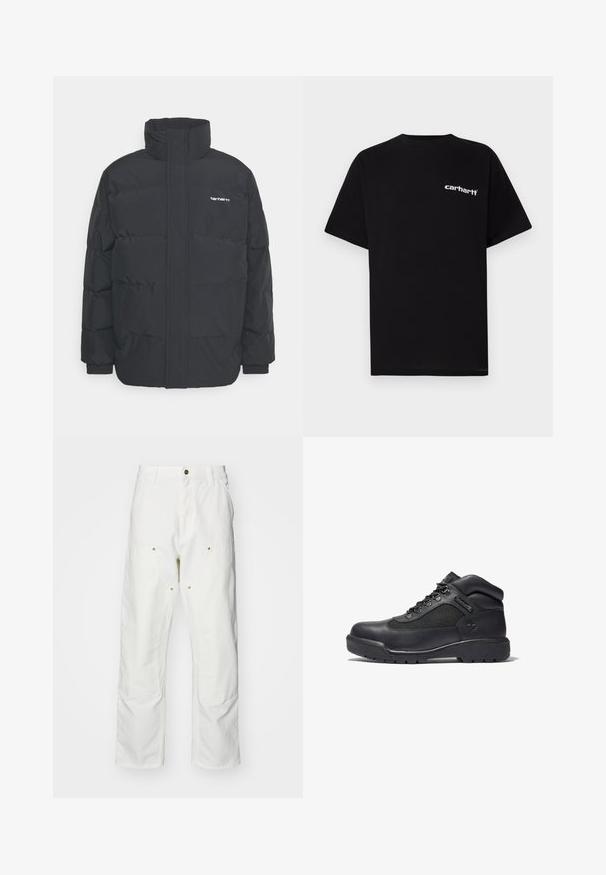 Giacca puffa nera con colletto alto, chiusura con zip frontale e polsini elastici. Presenta una tasca e un piccolo logo sul petto. Superficie testurizzata.; T-shirt in cotone nero con maniche corte, scollo a girocollo e logo bianco "Carhartt" sul petto a sinistra. Texture liscia, design minimalista.; Pantaloni cargo bianchi in cotone con vestibilità rilassata. Tra le caratteristiche ci sono tasche frontali, dettagli in metallo dorato e sezioni rinforzate sulle ginocchia.; Scarpa da trekking nera realizzata in pelle e rete, con colletto imbottito, chiusura con lacci, suola in gomma con trazione e logo impresso.