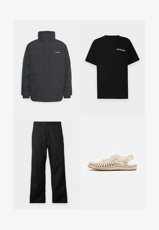 Black puffer jacket with a high collar, zip front, and elastic cuffs. Features a pocket and a small logo on the chest. Textured surface.; Black cotton t-shirt with short sleeves, crew neckline, and white "Carhartt" logo on the left chest. Smooth texture, minimal design.; Black trousers made of sturdy fabric, featuring a zip and button closure, and a straight leg cut with side pockets. Simple design, no patterns.; Light beige sandal with woven upper design, open back, contoured sole, and textured accents. Features light rubber outsole for traction.