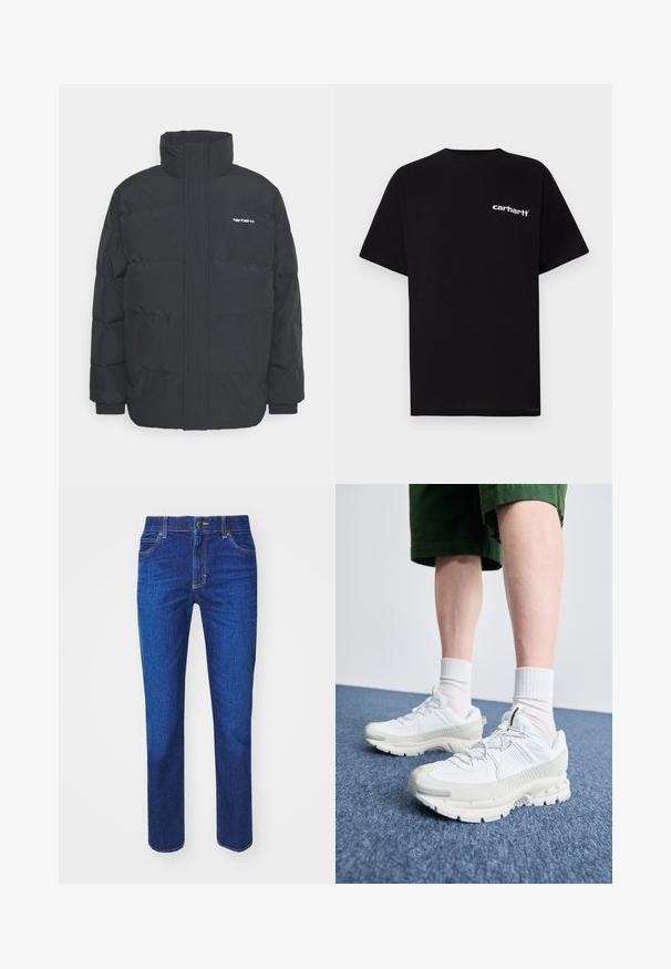 Juodas pūkinis švarkas su aukšta apykakle, užtrauktuku priekyje ir elastingomis rankovėmis. Yra kišenė ir mažas logotipas ant krūtinės. Tekstūruotas paviršius.; Juoda medvilninė marškinėliai su trumpomis rankovėmis, apvalia apykakle ir baltu „Carhartt“ logotipu ant kairės krūtinės. Lygus paviršius, minimalistinis dizainas.; Tamsiai mėlyni džinsai su tiesiu sijonu, penkių kišenių dizainu ir auksinėmis siūlėmis. Yra priekinis mygtuko uždarymas ir diržo kilpos.; Baltos sportinės bateliai su tekstūruotais uždengimais, masyviu padu ir pilkais akcentais. Dėvimi su baltais trumpais kojiniais ir žaliais šortais mėlyname paviršiuje.