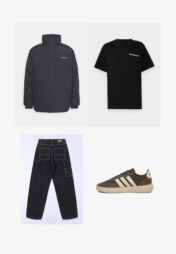 Zwarte pufferjas met een hoge kraag, rits aan de voorkant en elastische manchetten. Bevat een zak en een klein logo op de borst. Getextureerd oppervlak.; Zwart katoenen T-shirt met korte mouwen, ronde hals en een wit "Carhartt"-logo op de linkerborst. Gladde textuur, minimalistisch ontwerp.; Zwarte denim broek met een relaxte pasvorm, voorzien van meerdere zakken, zichtbare stiksels en een rechte pijp.; Bruine suède sneaker met drie witte strepen, afgeronde neus, dikke rubberen zool en minimale branding op de hiel.