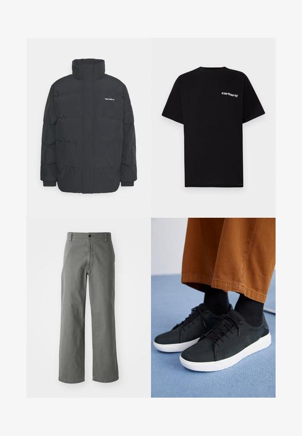 Black puffer jacket with a high collar, zip front, and elastic cuffs. Features a pocket and a small logo on the chest. Textured surface.; Black cotton t-shirt with short sleeves, crew neckline, and white "Carhartt" logo on the left chest. Smooth texture, minimal design.; Gray cotton trousers with a straight leg design, featuring a button closure and belt loops, smooth texture, and no visible patterns or accents.; Black suede sneakers with white rubber soles, featuring lace-up design, textured accents, and subtle branding, paired with brown pants.