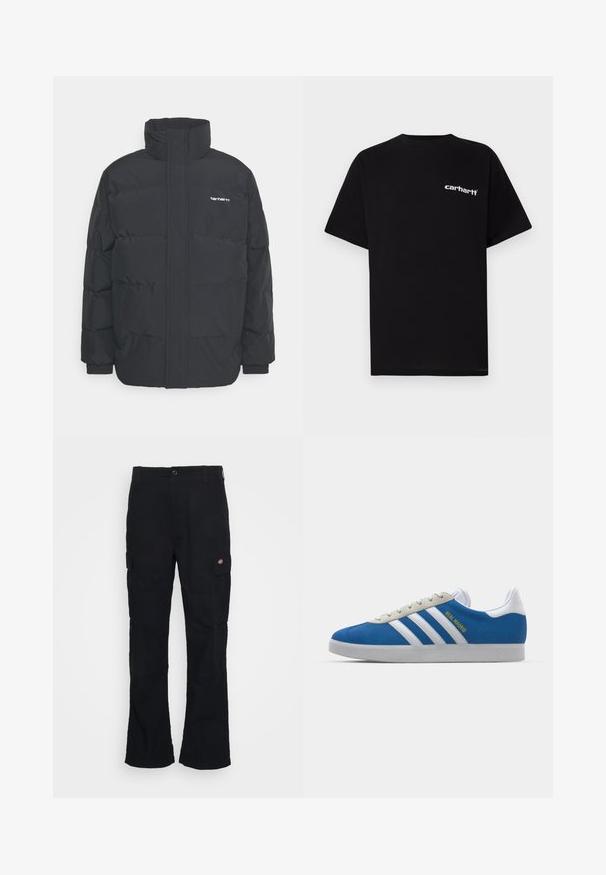 Mustam varrukas jope kõrge kaelusega, vipptõmblusega ja elastsete mansettidega. Omaduseks on tasku ja väike logo rinnal. Tekstuuritud pind.; Mustast puuvillast lühikeste varrukatega t-särk, ümara kaelusega ja valge "Carhartt" logoga vasakul rinnal. Sile tekstuur, minimalistlik disain.; Mustadest kottpükstest, mis on sirge lõikega, valmistatud vastupidavast kangast, küljetaskute ja vasakul küljel oleva logoga.; adidas Originals ADIDAS GAZELLE SHOES - Saalijalgpalli saapad - real madrid/bluebird/footwear white/crew yellow