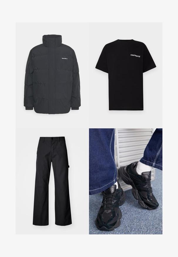 Mustam varrukas jope kõrge kaelusega, vipptõmblusega ja elastsete mansettidega. Omaduseks on tasku ja väike logo rinnal. Tekstuuritud pind.; Mustast puuvillast lühikeste varrukatega t-särk, ümara kaelusega ja valge "Carhartt" logoga vasakul rinnal. Sile tekstuur, minimalistlik disain.; Mustad, laiad püksid, mis on valmistatud vastupidavast kangast. Omavad nupuga sulgemist ja küljetaskuid. Sile tekstuur ja puhas disain.; Mustad mustad tossud, mis sisaldavad nii tekstuuri kui siledat materjali, silmapaistva nöörimise ja jämeda tallaga, koos tumedate teksapükstega.