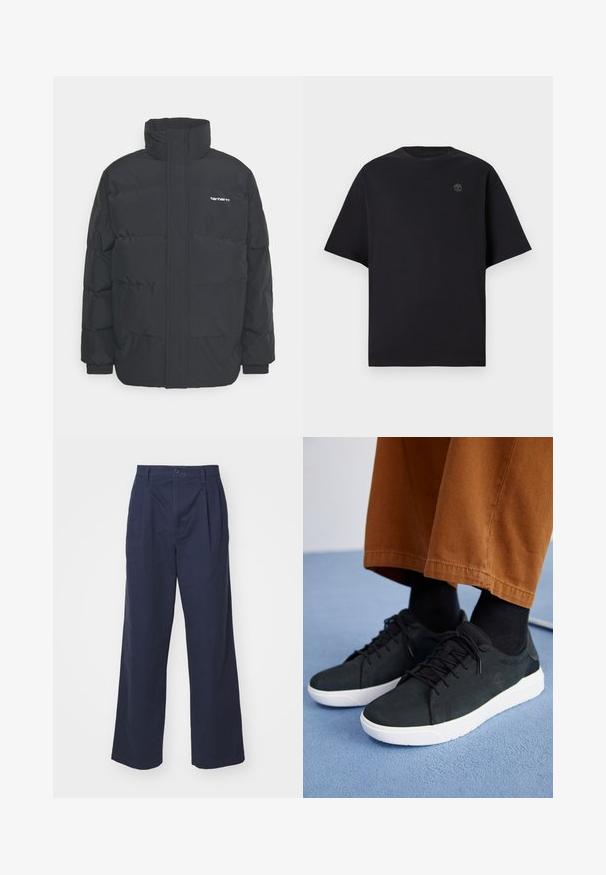Fekete puffKabát magas nyakkal, cipzáros előlappal és rugalmas mandzsettával. Tartalmaz egy zsebet és egy kis logót a mellkason. Texturált felület.; Fekete, rövid ujjú pamut póló, kerek nyakkal és egy kis hímzett logóval a mellkasán. Egyszerű, laza szabású.; DOCKERS ORIGINAL LOOSE PLEATED - Nadrágok - navy blazer; Fekete velúrbőr sneaker fehér gumitalppal, fűzős dizájnnal, texturált részletekkel és diszkrét márkázással, barna nadrággal párosítva.