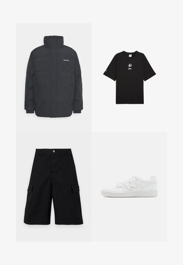 Giacca puffa nera con colletto alto, chiusura con zip frontale e polsini elastici. Presenta una tasca e un piccolo logo sul petto. Superficie testurizzata.; T-shirt nera a manica corta in cotone, con una stampa grafica di un casco da corsa e logo sulla parte anteriore e un piccolo logo sulla manica.; Pantaloni cargo neri realizzati in tessuto resistente. Presentano due tasche laterali, una chiusura con zip e una semplice cintura con bottone in metallo.; Sneaker bianco realizzato in pelle liscia, con punta perforata, suola in gomma testurizzata, lacci piatti e un prominente logo 'N' sul lato.
