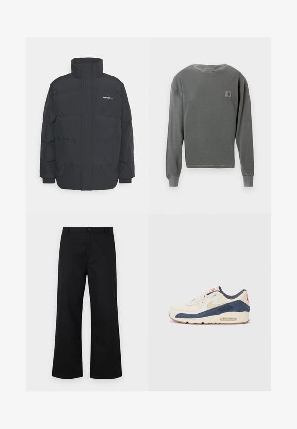 Sort pufferjakke med høj krave, lynlås foran og elastiske manchetter. Har en lomme og et lille logo på brystet. Tekstureret overflade.; Grå langærmet crewneck sweatshirt med ribbet tekstur, med et lille firkantet logo-patch på venstre bryst og ribbede manchetter.; Sorte, vide benbukser lavet af glat stof. Har en knaplukning foran og standard talje. Minimalistisk design uden synlige mønstre.; Sneakers med en overdel i cremefarvet læder og marineblå ruskind, med en synlig luftsål, beige gummisål og røde detaljer på hælen.