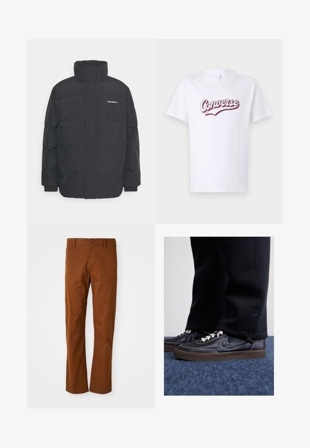 Chaqueta de plumas negra con cuello alto, cierre de cremallera frontal y puños elásticos. Cuenta con un bolsillo y un pequeño logo en el pecho. Superficie texturizada.; Camiseta de algodón blanca con un logo de "Converse" en burdeos en un diseño de script curvado, con mangas cortas y un clásico cuello redondo.; Pantalones de algodón marrones con un corte regular, que cuentan con un cierre de botón, cinturas para cinturón y un diseño de pierna recta. Textura suave sin patrones.; Nike Sportswear KILLSHOT 2 LTR PRM OPP2 - Zapatillas - black sail baroque brown mtlc dk grey