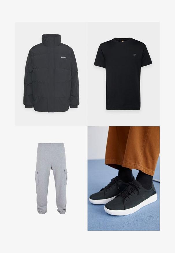 Schwarze Daunenjacke mit hohem Kragen, Reißverschluss vorne und elastischen Bündchen. Verfügt über eine Tasche und ein kleines Logo auf der Brust. Strukturiert Oberfläche.; Schwarzes Baumwoll-T-Shirt mit Rundhalsausschnitt, kurzen Ärmeln und einem kleinen, gestickten Logo auf der Brust. Glatte Textur, klassischer Schnitt.; Gräue Sweatpants aus weichem Stoff, ausgestattet mit zwei seitlichen Cargo-Taschen, einem elastischen Bund und elastischen Bündchen an den Knöcheln.; Schwarze Wildleder-Sneaker mit weißen Gummisohlen, mit Schnürdesign, strukturierten Akzenten und dezentem Branding, kombiniert mit braunen Hosen.