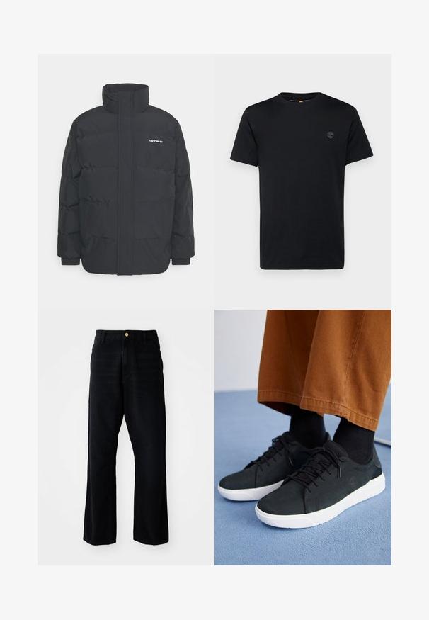 Fekete puffKabát magas nyakkal, cipzáros előlappal és rugalmas mandzsettával. Tartalmaz egy zsebet és egy kis logót a mellkason. Texturált felület.; Fekete pamut póló kerek nyakkivágással, rövid ujjakkal és egy kisebb, hímzett logóval a mellrészen. Sima textúra, klasszikus fazon.; Fekete farmernadrág laza szabásban, arany gombbal, öt zsebes dizájnnal és egyenes lábcut-tal. Sima textúra.; Fekete velúrbőr sneaker fehér gumitalppal, fűzős dizájnnal, texturált részletekkel és diszkrét márkázással, barna nadrággal párosítva.