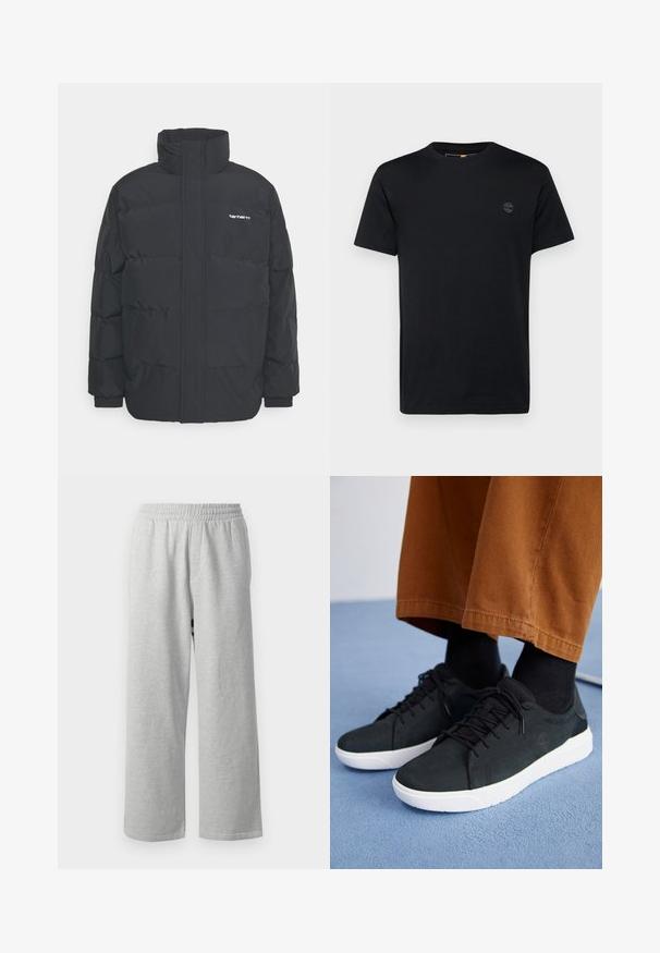 Sort pufferjakke med høj krave, lynlås foran og elastiske manchetter. Har en lomme og et lille logo på brystet. Tekstureret overflade.; Sort bomulds T-shirt med rund halsudskæring, korte ærmer og et lille, broderet logo på brystet. Glat tekstur, klassisk pasform.; Grå bomulds sweatpants med elastisk talje og brede ben, med en glat tekstur og minimalistisk design, velegnet til afslappet brug.; Sorte ruskinds sneakers med hvide gummisulder, med snørebånd-design, teksturerede detaljer og diskret branding, parret med brune bukser.