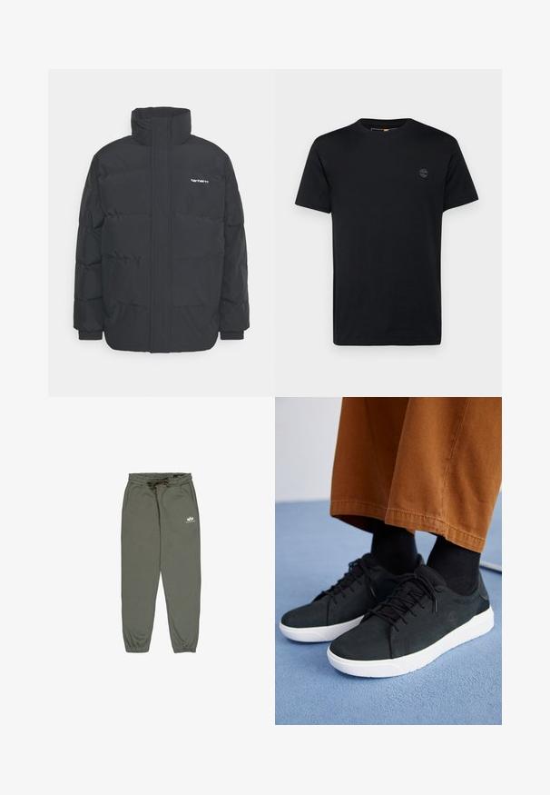 Czarna kurtka puchowa z wysoką kołnierzem, zamkiem z przodu i elastycznymi mankietami. Posiada kieszeń oraz małe logo na piersi. Teksturowana powierzchnia.; Czarna bawełniana koszulka z okrągłym dekoltem, krótkimi rękawami oraz małym, haftowanym logo na piersi. Gładka tekstura, klasyczny krój.; Zielone dresowe spodnie wykonane z miękkiego materiału, z elastycznym paskiem w talii ze sznurkiem, bocznymi kieszeniami oraz małym białym logo na udzie.; Czarne zamszowe trampki z białymi gumowymi podeszwami, z wiązaniem, teksturowanymi akcentami i subtelnym logo, w połączeniu z brązowymi spodniami.