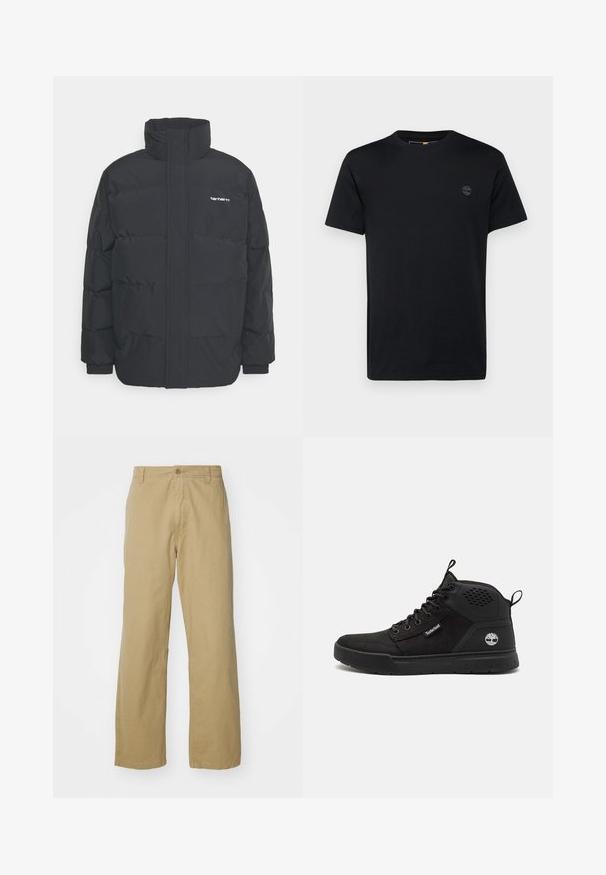 Black puffer jacket with a high collar, zip front, and elastic cuffs. Features a pocket and a small logo on the chest. Textured surface.; Black cotton t-shirt with a crew neckline, short sleeves, and a small, embroidered logo on the chest. Smooth texture, classic fit.; Khaki cotton trousers with a straight-leg design, featuring a front button closure and side pockets. Smooth, sturdy texture.; Black high-top shoes with a mix of suede and synthetic materials, featuring a lace-up design, rubber sole, and a logo on the side.