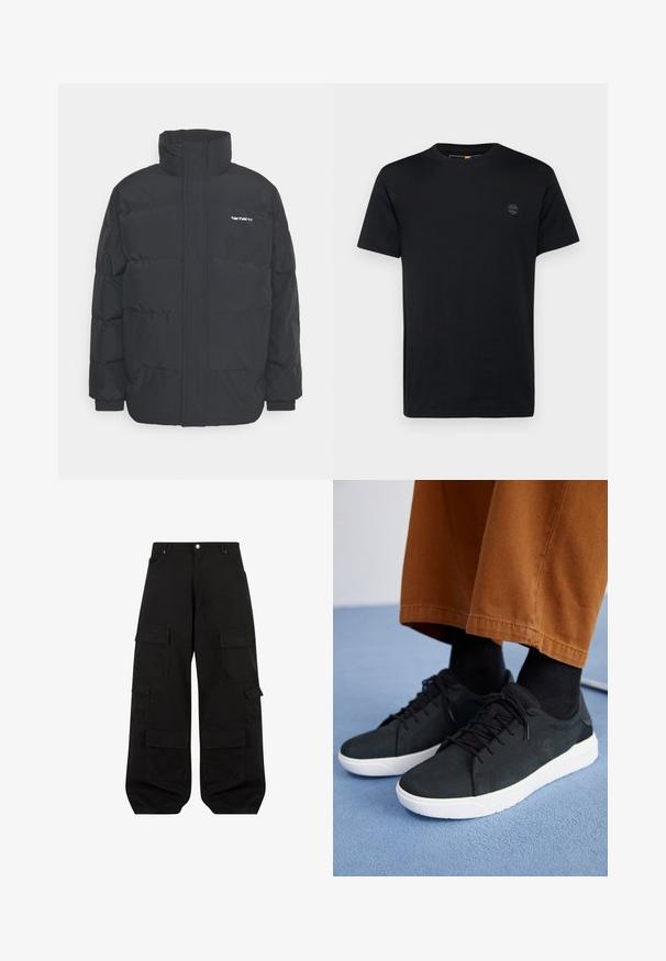 Doudoune noire avec un col montant, fermeture éclair à l'avant et poignets élastiques. Comprend une poche et un petit logo sur la poitrine. Surface texturée.; T-shirt en coton noir avec col rond, manches courtes et un petit logo brodé sur la poitrine. Texture lisse, coupe classique.; Pantalons cargo noirs en coton durable avec une coupe décontractée. Comprend plusieurs poches utilitaires et un design à jambes droites.; Baskets en suede noir avec semelles en caoutchouc blanc, présentant un design à lacets, des accents texturés et une branding discrète, associées à un pantalon marron.