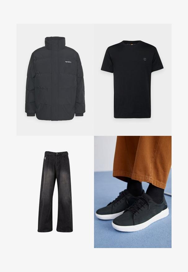 Czarna kurtka puchowa z wysoką kołnierzem, zamkiem z przodu i elastycznymi mankietami. Posiada kieszeń oraz małe logo na piersi. Teksturowana powierzchnia.; Czarna bawełniana koszulka z okrągłym dekoltem, krótkimi rękawami oraz małym, haftowanym logo na piersi. Gładka tekstura, klasyczny krój.; Czarne spodnie dżinsowe o szerokich nogawkach z wyblakłym wykończeniem, z zapięciem na guzik, pięcioma kieszeniami oraz metką z logo z przodu po lewej stronie.; Czarne zamszowe trampki z białymi gumowymi podeszwami, z wiązaniem, teksturowanymi akcentami i subtelnym logo, w połączeniu z brązowymi spodniami.