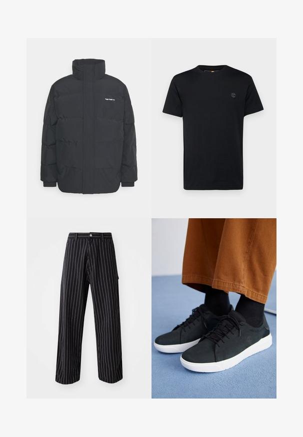 Czarna kurtka puchowa z wysoką kołnierzem, zamkiem z przodu i elastycznymi mankietami. Posiada kieszeń oraz małe logo na piersi. Teksturowana powierzchnia.; Czarna bawełniana koszulka z okrągłym dekoltem, krótkimi rękawami oraz małym, haftowanym logo na piersi. Gładka tekstura, klasyczny krój.; Spodnie w marynarskie paski z szerokimi nogawkami, wykonane z tkaniny z pionowymi białymi prążkami, z zapięciem na guzik i zamek błyskawiczny oraz z bocznymi kieszeniami.; Czarne zamszowe trampki z białymi gumowymi podeszwami, z wiązaniem, teksturowanymi akcentami i subtelnym logo, w połączeniu z brązowymi spodniami.