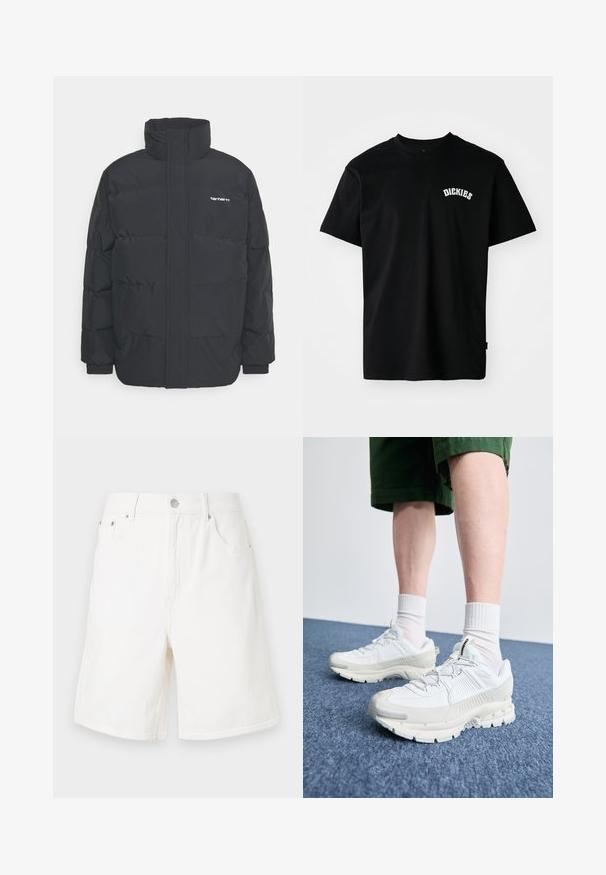 Juodas pūkinis švarkas su aukšta apykakle, užtrauktuku priekyje ir elastingomis rankovėmis. Yra kišenė ir mažas logotipas ant krūtinės. Tekstūruotas paviršius.; Juoda medvilninė marškinėliai su trumpomis rankovėmis ir apvalia iškirpte. Krūtinės srityje yra balta išlenkta logo "DICKIES". Paprastas dizainas, be raštų.; Balti džinsinio audinio šortai su tiesiu kirpimu, penkiais kišenėmis ir sidabro spalvos sagtimi. Užtikrina tvirtą tekstūrą ir apdailintas kraštus.; Baltos sportinės bateliai su tekstūruotais uždengimais, masyviu padu ir pilkais akcentais. Dėvimi su baltais trumpais kojiniais ir žaliais šortais mėlyname paviršiuje.