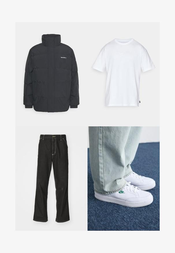 Casaco acolchoado preto com colarinho alto, fecho de correr à frente e punhos elásticos. Apresenta um bolso e um pequeno logótipo no peito. Superfície texturada.; T-shirt de algodão branco com mangas curtas e decote redondo. Apresenta um pequeno e discreto logótipo da Nike no peito e uma etiqueta lateral.; Calças de ganga pretas de corte largo, com costuras brancas em contraste, fecho de botão e design de perna reta.; Tênis de couro brancos com logo verde da Nike, bico redondo, sola plana, combinados com calças de denim azul claro, exibidos sobre um tapete azul.