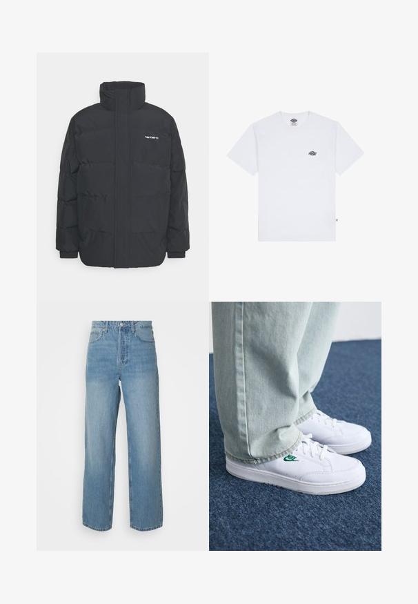 Zwarte pufferjas met een hoge kraag, rits aan de voorkant en elastische manchetten. Bevat een zak en een klein logo op de borst. Getextureerd oppervlak.; Witte katoenen t-shirt met korte mouwen, met een klein zwart logo op de borst en een label in de linkerbenedenhoek.; Hoge taille lichtblauwe denim jeans met rechte pijpen, sluiting met een knoop aan de voorkant en vijf zakken, op een effen achtergrond.; Witte leren sneakers met groen Nike-logo, ronde neus, platte zool, gedragen met lichtblauwe denim broek, weergegeven op een blauwe vloerkleed.