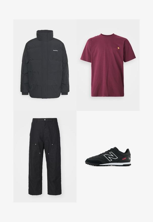 Juodas pūkinis švarkas su aukšta apykakle, užtrauktuku priekyje ir elastingomis rankovėmis. Yra kišenė ir mažas logotipas ant krūtinės. Tekstūruotas paviršius.; Bordo medvilnės marškinėliai su trumpomis rankovėmis ir apvaliu iškerpimu. Išskirtinai su auksiniu siuvinėtų logotipu ant krūtinės. Paprastas dizainas.; Juodos kelnės, pagamintos iš tekstūruoto audinio, su aukštu liemeniu, laisvu siluetu ir priekinėmis kišenėmis su sidabro spalvos snapeliu.; Juodas sportinis batelis su tekstūruota odine viršutine dalimi, sidabriniu logotipu, balta vidurine dalimi ir juodu guminio profilio padu. Papuoštas rožiniais akcentais ir raišteliais.