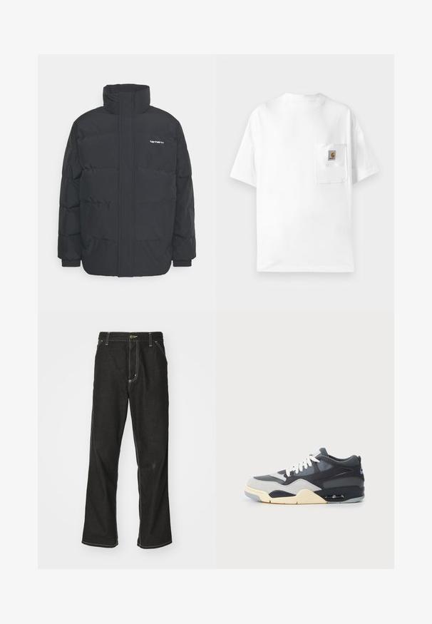 Fekete puffKabát magas nyakkal, cipzáros előlappal és rugalmas mandzsettával. Tartalmaz egy zsebet és egy kis logót a mellkason. Texturált felület.; Fehér pamut póló kerek nyakkal, rövid ujjakkal és egy mellzsebbel, amelyen logó felvarrás található. Minimál stílusú dizájn és sima textúra.; Fekete farmernadrág laza szabással, kontrasztos fehér varrással, gombos záródással és egyenes lábmegoldással.; Szürke és tengerészkék kevert anyagú felsőrészű sportcipő, párnázott talppal, fehér fűzőkkel és egy kék kiemelésű logóval a sarkán.