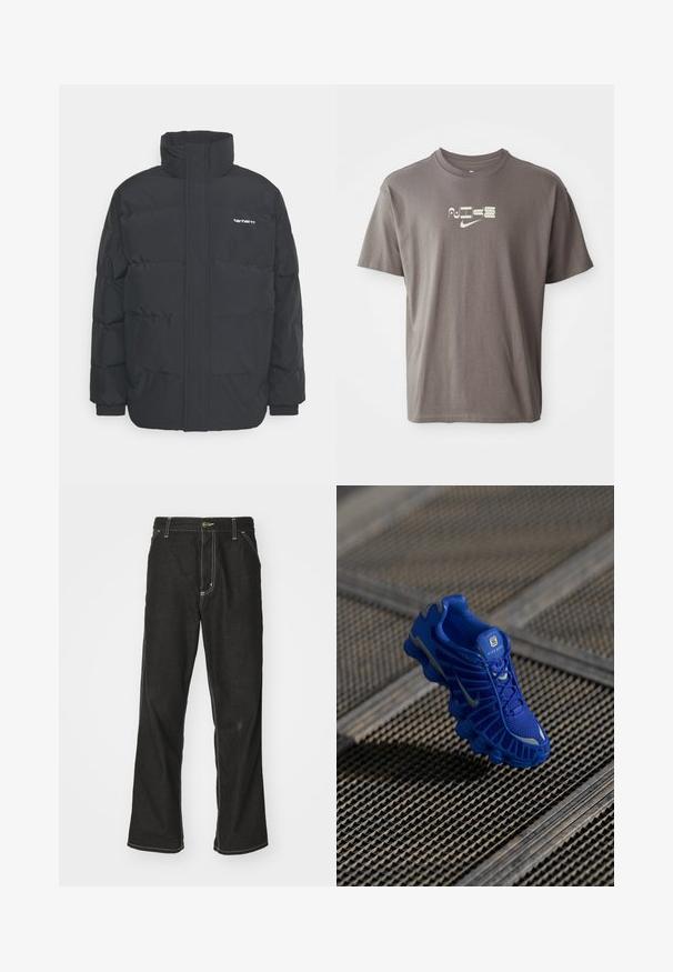 Casaco acolchoado preto com colarinho alto, fecho de correr à frente e punhos elásticos. Apresenta um bolso e um pequeno logótipo no peito. Superfície texturada.; T-shirt castanho de mangas curtas com um logo "Nike" de cor clara impresso na frente, apresentando um corte casual e descontraído.; Calças de ganga pretas de corte largo, com costuras brancas em contraste, fecho de botão e design de perna reta.; Sapatilha atlética azul com parte superior em malha, design texturizado e sola proeminente com elementos de amortecimento distintos e detalhes refletivos.