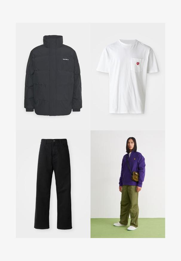 Svart pufferjacka med hög krage, dragkedja framtill och elastiska muddar. Har en ficka och en liten logotyp på bröstet. Texturerad yta.; Vit bomullströja med rund halsringning och korta ärmar. Har en liten röd hjärtlogga på vänstra bröstfickan.; Svarta denimbyxor med rak passform, försedda med framfickor, dragkedja och en enda knapp i midjan. Strukturerad tyg med matt yta.; Jordan AIR JORDAN 1 ZM CMFT 2 - Höga sneakers - summit white/bicoastal/oxidized green