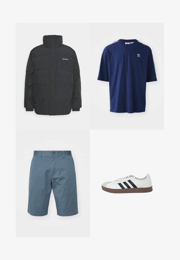 Doudoune noire avec un col montant, fermeture éclair à l'avant et poignets élastiques. Comprend une poche et un petit logo sur la poitrine. Surface texturée.; T-shirt en coton bleu marine à manches courtes, col rond, avec trois rayures blanches sur les épaules et un petit logo blanc sur la poitrine.; Shorts en coton bleu avec fermeture à bouton, passants de ceinture et poches latérales. Texture lisse avec une coupe décontractée, atteignant au-dessus du genou.; Sneaker blanc avec embout en suède gris, design à trois bandes noires et semelle en caoutchouc marron. Présente un laçage à l'avant et un col rembourré.