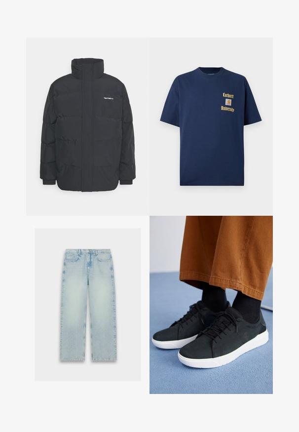Juodas pūkinis švarkas su aukšta apykakle, užtrauktuku priekyje ir elastingomis rankovėmis. Yra kišenė ir mažas logotipas ant krūtinės. Tekstūruotas paviršius.; Tamsiai mėlyna medvilninė marškinėliai trumpomis rankovėmis, su auksiniu tekstu "Carhartt University" ir logotipo siuviniu kairėje krūtinės pusėje.; Šviesiai mėlyni, aukštu liemeniu džinsai su tiesiomis kojomis, išblukusia tekstūra ir klasikiniu penkių kišenių dizainu.; Juodi zomšiniai sneakeriai su baltais guminiais padais, su raištelių uždėjimo dizainu, tekstūruotais akcentais ir subtiliu prekių ženklu, derinami su rudomis kelnėmis.