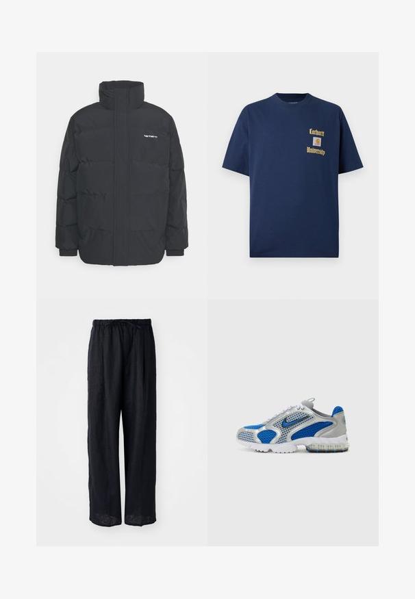 Crna puffer jakna s visokim ovratnikom, prednjim zatvaračem i elastičnim manžetama. Ima džep i mali logo na prsima. Teksturalna površina.; Tamno plavi pamukasti majica s kratkim rukavima, s zlatnim natpisom "Carhartt University" i logotipom na lijevoj strani grudi.; Crne lanene hlače širokih nogavica s elastičnim pojasom i opuštenim krojem. Glatka tekstura, bez vidljivih uzoraka ili tehničkih detalja.; Plave i srebrne atletske tenisice s mrežastim panelima, podstavljenim ovratnikom i prozirnom potplatom s plavim naglasima. Kontrastne vezice upotpunjuju dizajn.