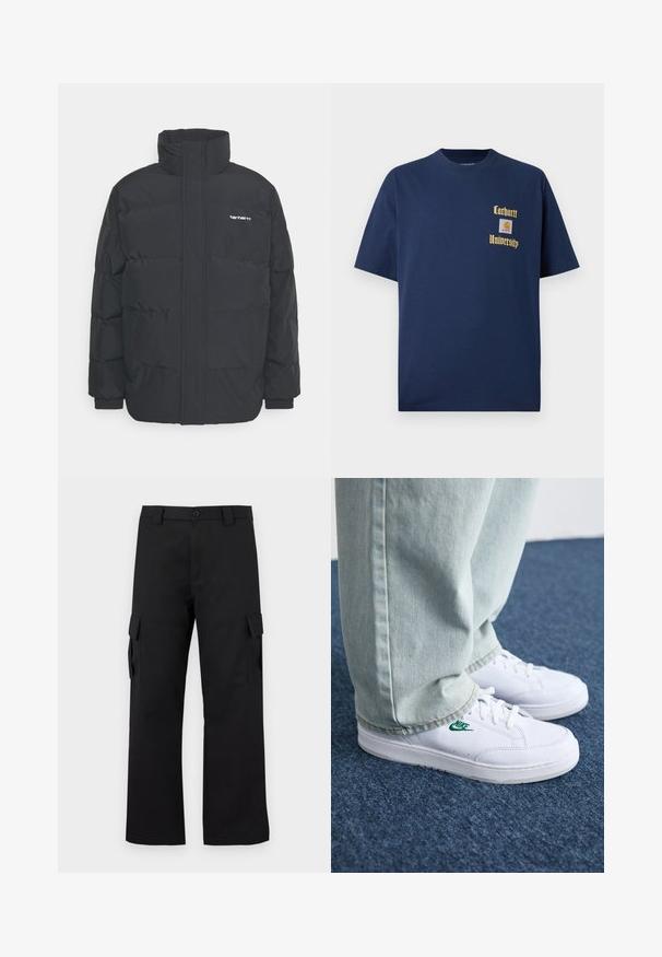 Svart pufferjacka med hög krage, dragkedja framtill och elastiska muddar. Har en ficka och en liten logotyp på bröstet. Texturerad yta.; Marinblå bomull t-shirt med korta ärmar, med guldtexten "Carhartt University" och en logopatch på vänster bröst.; Svarta cargobyxor med rak bendesign. Tillverkade av slitstarkt tyg, med två sidofickor med klaffstängningar och knappgylf.; Vita lädersneakers med grön Nike-logga, rund tå, platt sula, kombinerade med ljusblå denimbyxor, visade på en blå matta.