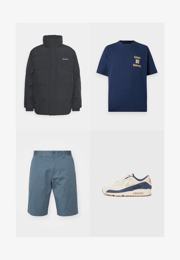 Doudoune noire avec un col montant, fermeture éclair à l'avant et poignets élastiques. Comprend une poche et un petit logo sur la poitrine. Surface texturée.; T-shirt en coton bleu marine à manches courtes, avec le texte doré "Carhartt University" et un écusson logo sur la poitrine gauche.; Shorts en coton bleu avec fermeture à bouton, passants de ceinture et poches latérales. Texture lisse avec une coupe décontractée, atteignant au-dessus du genou.; Baskets avec un dessus en cuir crème et en suède bleu marine, dotées d'une semelle à air visible, d'une semelle en caoutchouc beige et d'un accent rouge au talon.