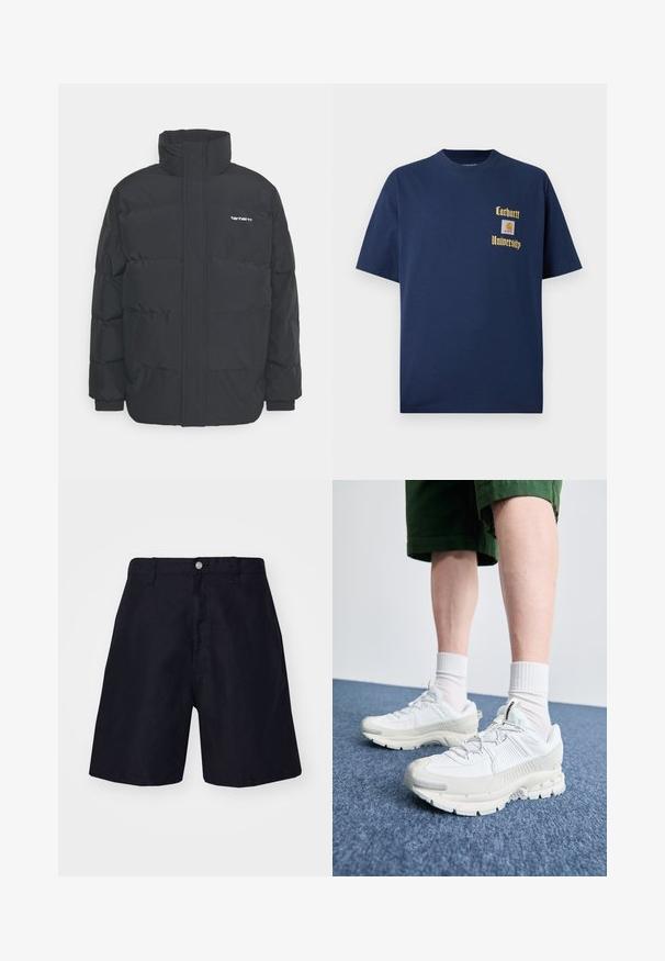 Sort pufferjakke med høj krave, lynlås foran og elastiske manchetter. Har en lomme og et lille logo på brystet. Tekstureret overflade.; Marineblå bomulds T-shirt med korte ærmer, der har guld tekst "Carhartt University" og et logo patch på venstre bryst.; Mørkeblå shorts i let stof med knaplukning, bæltestropper og lige ben-design. Minimalistisk stil uden mønstre.; Hvide atletiske sko med teksturerede overlays, en chunky sål og grå accenter. Båret med hvide ankelstrømper og grønne shorts på en blå overflade.