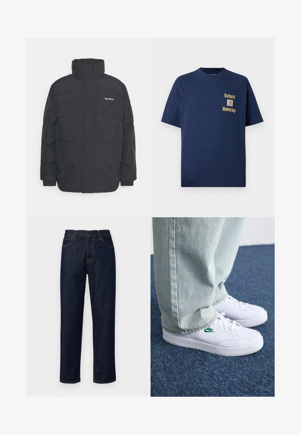Casaco acolchoado preto com colarinho alto, fecho de correr à frente e punhos elásticos. Apresenta um bolso e um pequeno logótipo no peito. Superfície texturada.; T-shirt de algodão azul-marinho com mangas curtas, apresentando texto dourado "Carhartt University" e um emblema no lado esquerdo do peito.; Jeans azul escuro feitos de denim, com pernas retas, cintura de altura média, costura laranja e um design clássico de cinco bolsos.; Tênis de couro brancos com logo verde da Nike, bico redondo, sola plana, combinados com calças de denim azul claro, exibidos sobre um tapete azul.